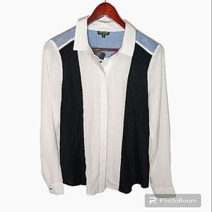 TOPSHOP Color Block Semi Sheer Button Down Black, white Shirt Size 10